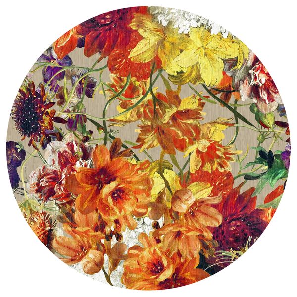 Orange Painted Flowers on Wood Round Tablecloth