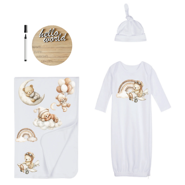 Newborn-Sleeping Bag, Swaddle, Hat, &amp; Birth Announce World-Teddy Land