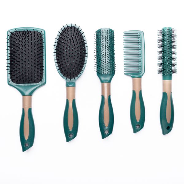 5 Piece Hair Brush Set - Green and Rose Gold