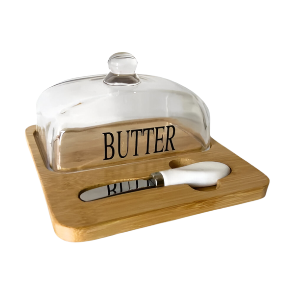 Portable Multi-Functional Butter Dish with Wooden Base and Built-In Knife