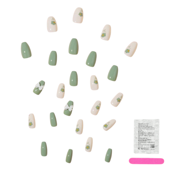 24 Piece Y2K Aesthetic Long Coffin Press-On Nail Set - Green &amp; White
