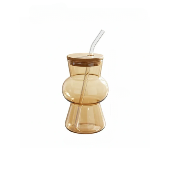 Hourglass Shaped Tinted Glass Tumbler with Straw