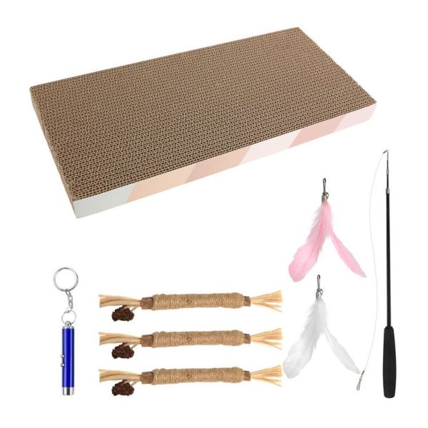 6-in-1 Interactive Cat Toys, Cat Scratching Board &amp; Cat Feather Toy Set
