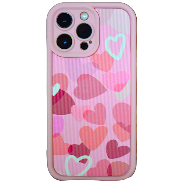Pink - Phone Case with Bubble Edge &amp; Pink Hearts - Iphone 14 Pro Max