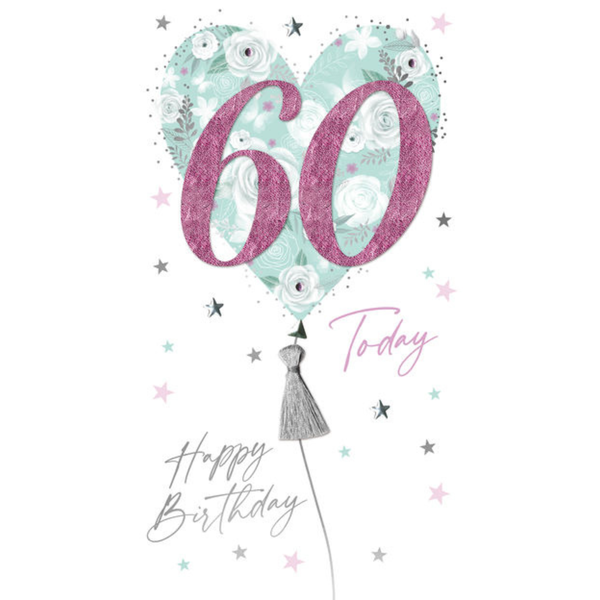 Greeting Card - 60th - Pastel floral heart with Tassel