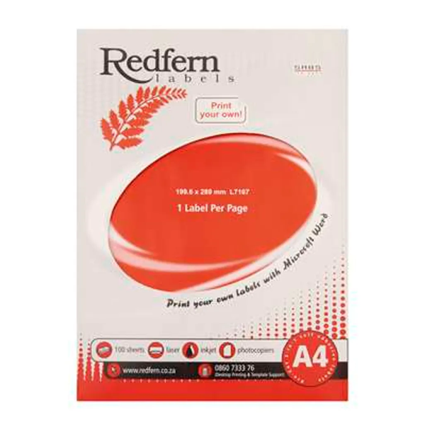 Redfern- Self Adhesive Labels Laser Jet A4 Flat Sheets- 199.6mm x 289mm