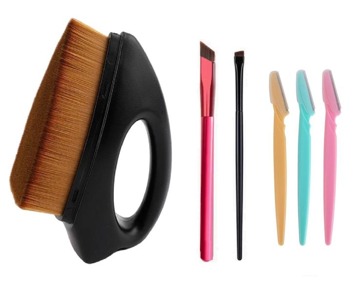 Set of Professional Kabuki Makeup Brush, Eyebrow Brushes &amp; 3 Brow Razor