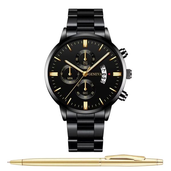 Men's Analogue Calendar Quartz Steel Watch and Luxury Pen Matching Gift Set