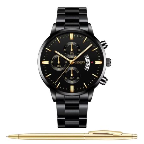 Men's Analogue Calendar Quartz Steel Watch and Luxury Pen Matching Gift Set Image