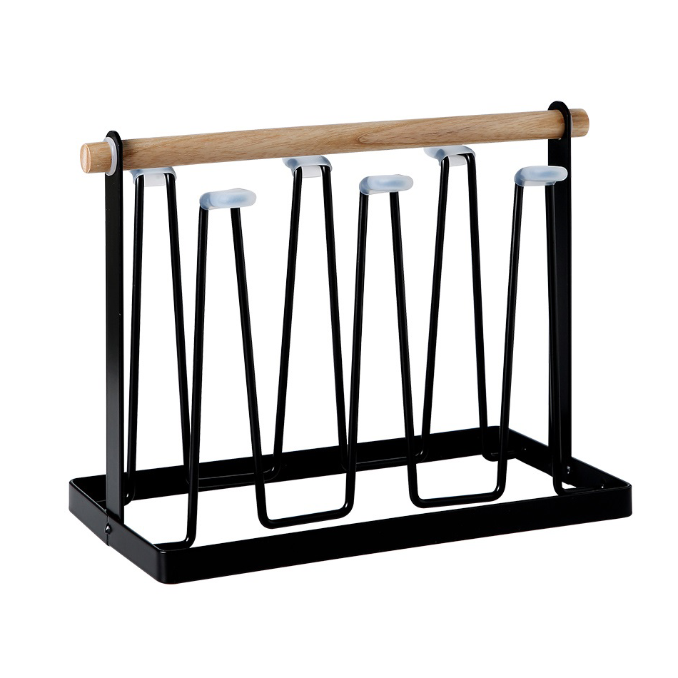6 Cups Nordic Design Wooden Handle Glass Holder Drainer Rack Black