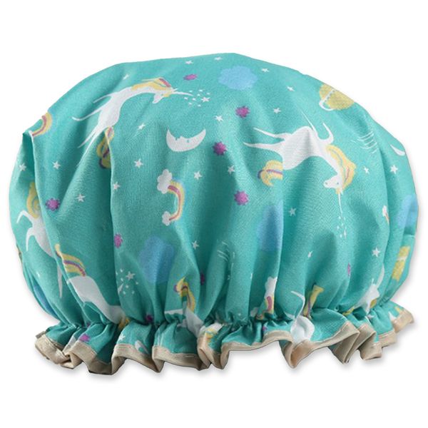 Dewy - Shower Cap - Bath Hat - Double Lined, Large - Grey Unicorn Cartoon