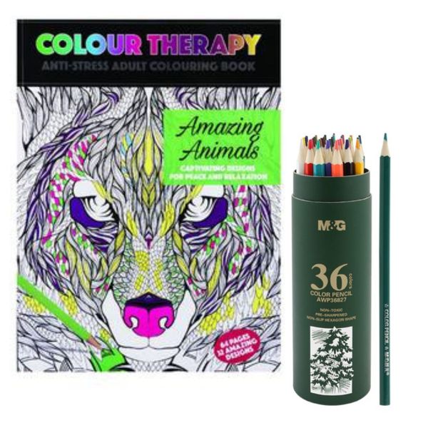 Colour Therapy Book and M&amp;G Hex Colour Pencils 36 colours