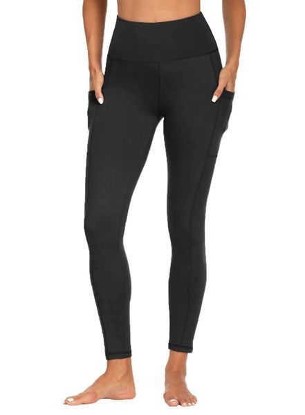 Women Black High Waisted Yoga Pant With Pockets Running Workout Leggings