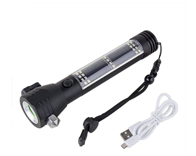 Solar Powered Dual USB Charging Glare Aluminum Alloy Flashlight With Hammer