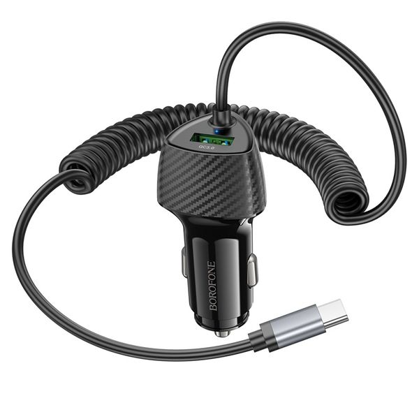 30W PD + QC3.0 Dual Port Car Charger with Type-C Cable - Black
