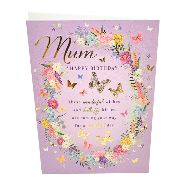 Birthday card - Mum - Floral wreath with butterflies