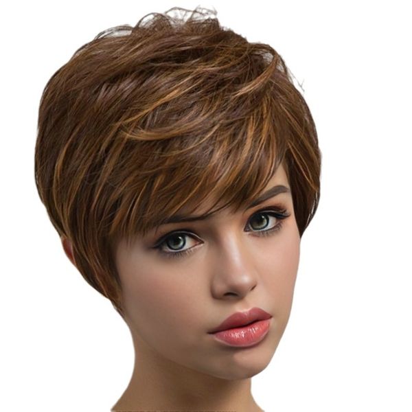 Fashion women's chemical fiber brown mixed silk short wig headgear