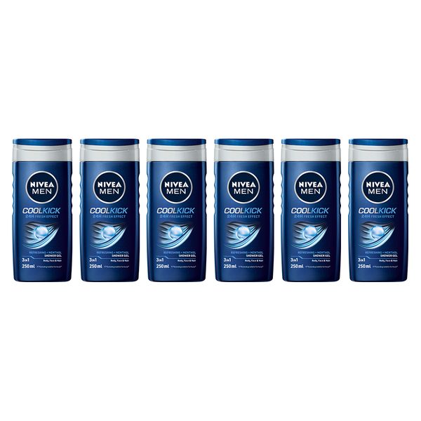NIVEA MEN Cool Kick 3in1 Shower Gel Wash with Refreshing Menthol, 6x250ml