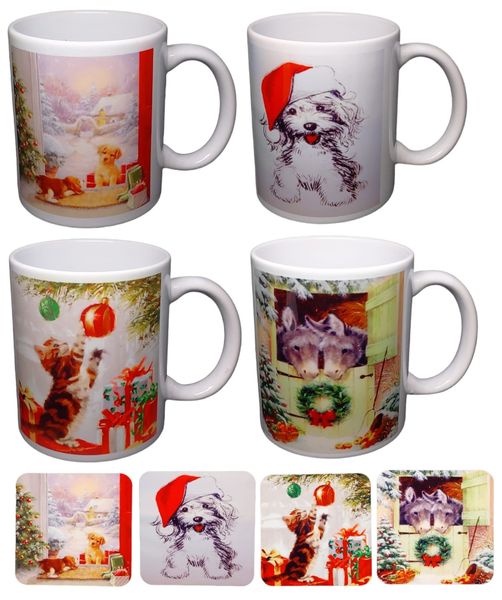 Christmas Themed Mugs with Matching Coasters - Animals (Set of 4)