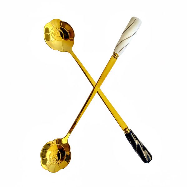 Set of 2 Jam Spoons. 17 cm Long. White and Black Enamel Decorative Handles