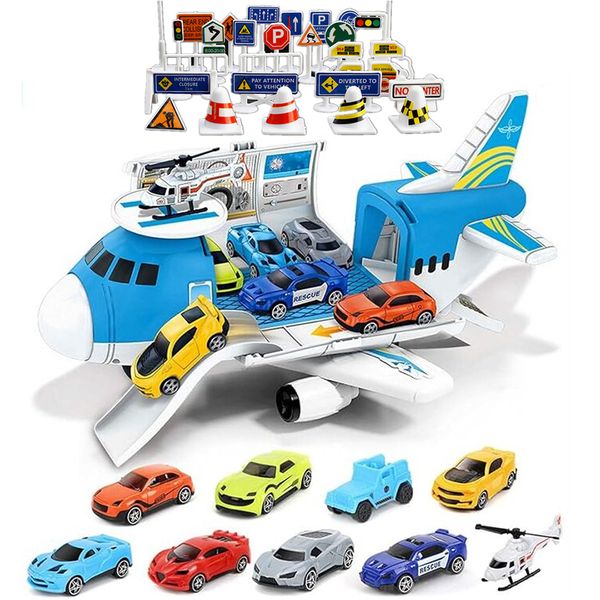 Toy Airplane Car Play Set - 9 in 1 with Cars, Helicopter, and Road Signs for Kids