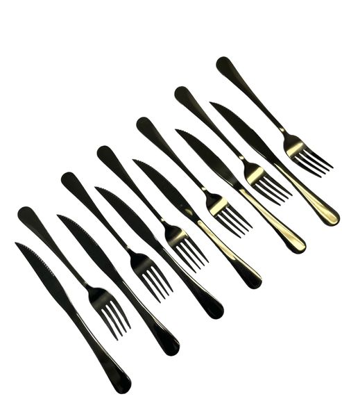 Black Stainless Steel Steak Knife and Fork Set - 12 pcs