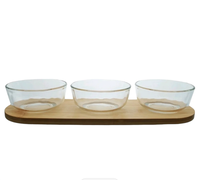 Aqua Glass Snack Bowl Set with Bamboo Tray 4 Piece