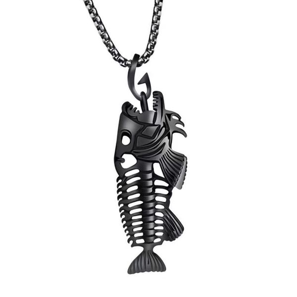 Men's Black Fish Skeleton Necklace - NL-F005-BK