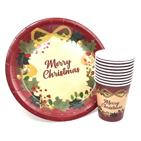 purpleX Merry Christmas Golden Bow Disposable Paper Cups and Plates Set of 10