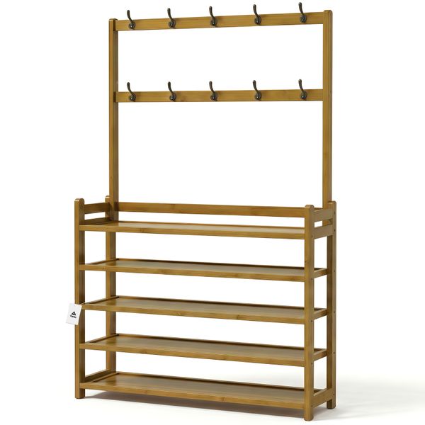 Topika Coat And Shoe Rack With 5 Tier Shelf And Hooks For Entryway, Wooden