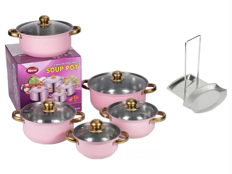 Stainless steel Non-Stick 10 Piecce Pots (Pink) &amp; Spoon Holder
