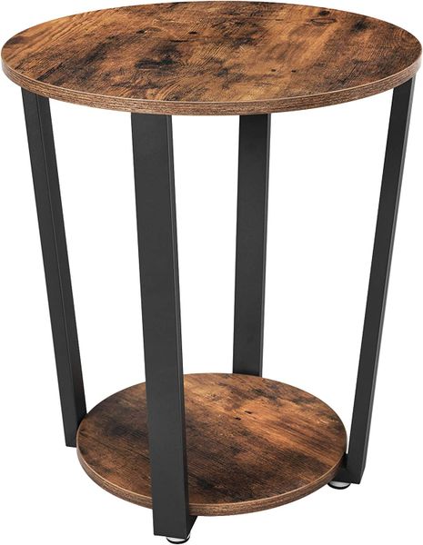Round End Table with Storage Shelf - Rustic Wood Top &amp; Steel Frame Design