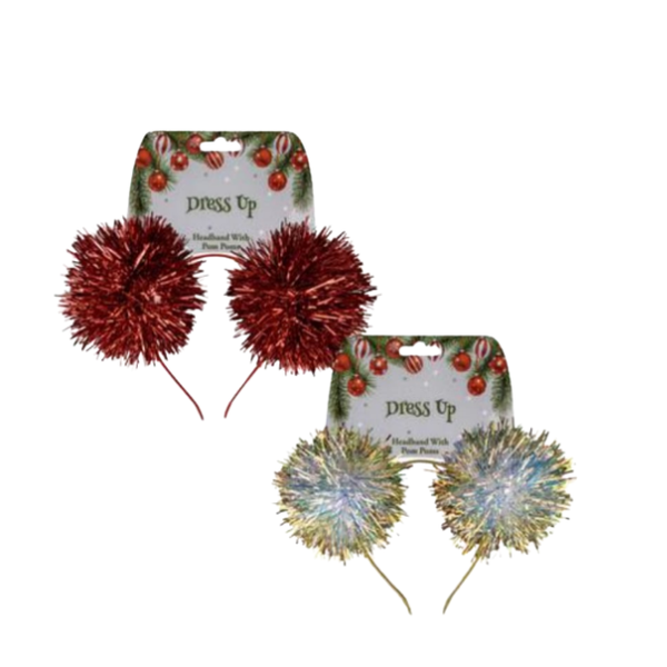 2 Pieces Festive Christmas Dress Up Headband with Pompoms - Red or Silver