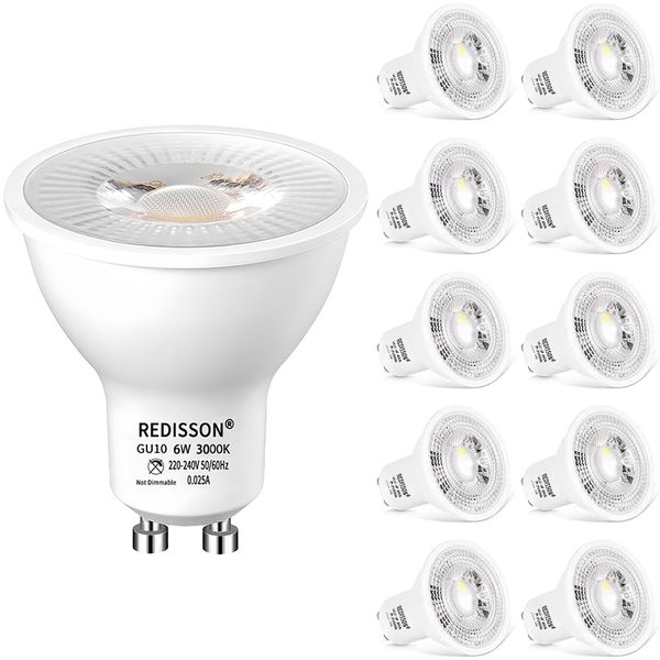 Redisson 10-Pack GU10 LED Light Bulb 6W 550Lumens 3000K Warm white