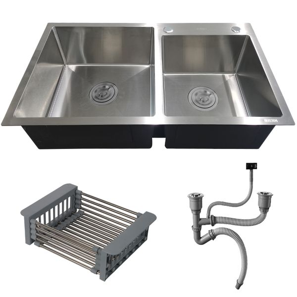 Double Bowl 304 Stainless Steel Kitchen Sink with Downpipe &amp; Drain Basket