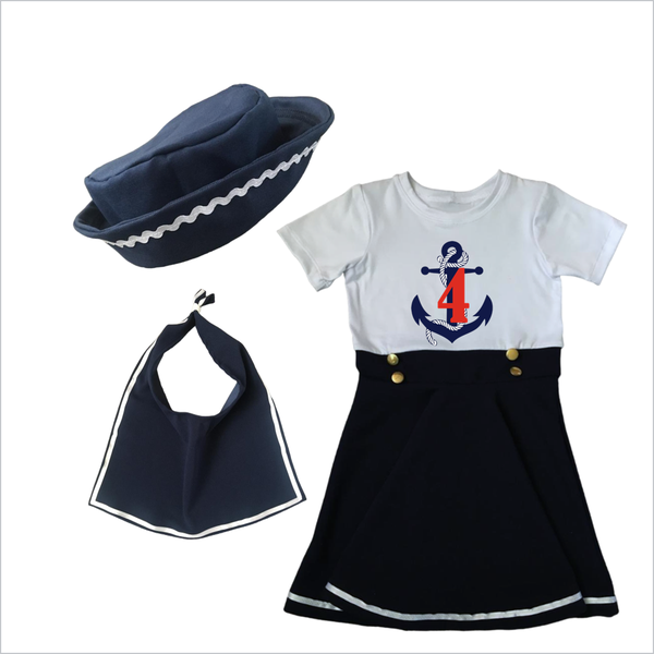 4th Birthday - Sailor dress - Scarf &amp; Hat - short sleeve