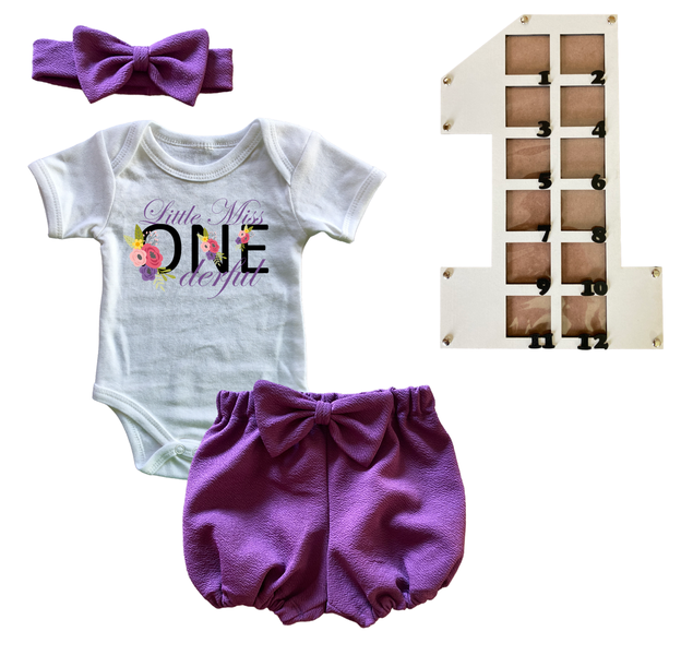 First Birthday Outfit-Bubble shorts &amp; Photo Frame- Purple-ONE'derful
