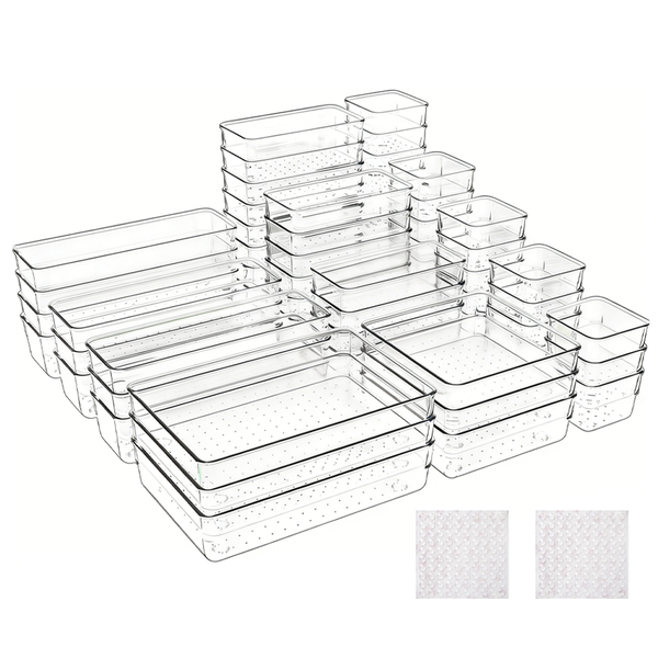 60-Piece Clear Plastic Drawer Organizer 5 Sizes With Non-slip Silicone Pads