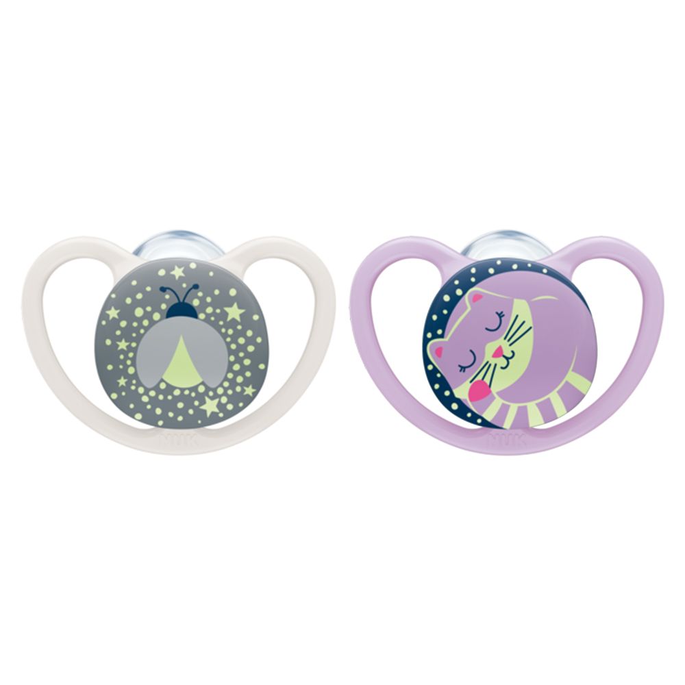 NUK Space Orthodontic Pacifiers, 0-6 Months, 2 Pack 0-6 Month (kids)  Cat/Firefly 