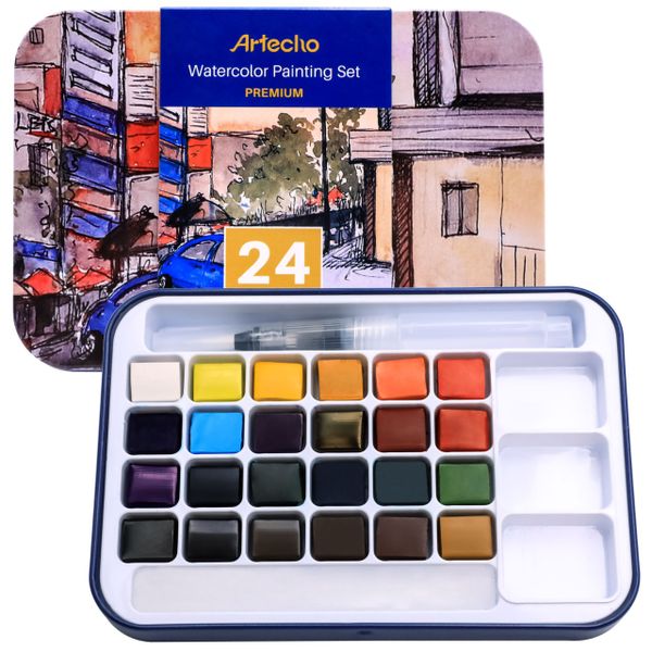 Artecho Watercolor Paint Set in Tin Case - Professional 24 colour