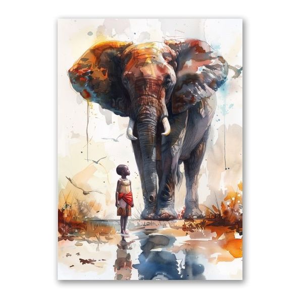 Little Boy with Elephant Canvas Abstract Wall Art