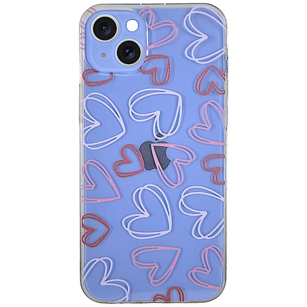 Clear - Phone Case with Burgundy Hearts - Iphone 14 Plus