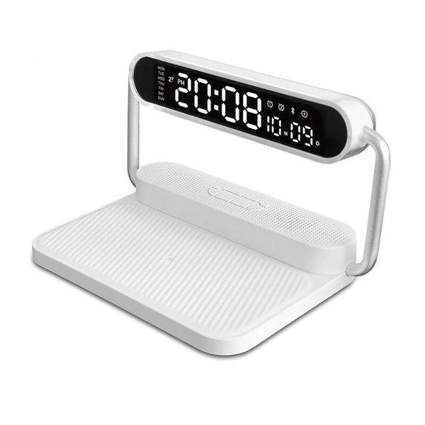 4-in-1 Wireless Charger Stand Bluetooth Speaker LED Lamp &amp; Alarm Clock