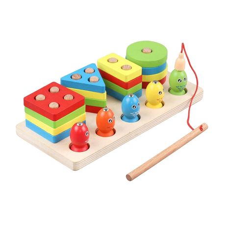 2 in 1 Fishing Toy Wooden Stacking Montessori Educational Shape Sorting Image