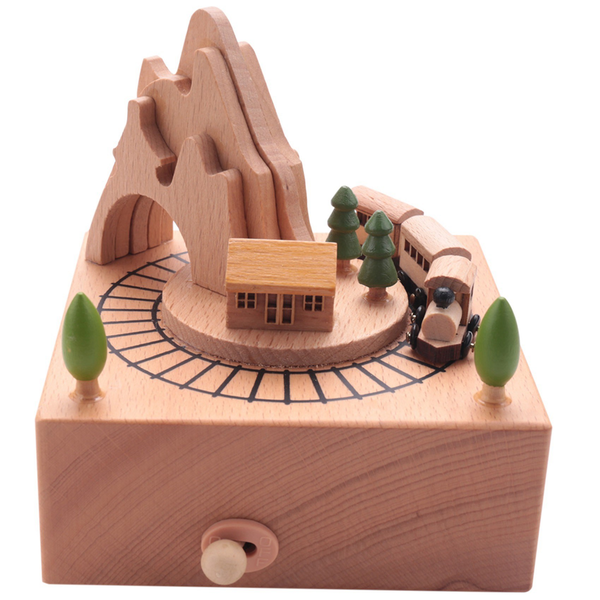 Wooden Musical Box Mountain Tunnel With Moving Magnetic Train Play