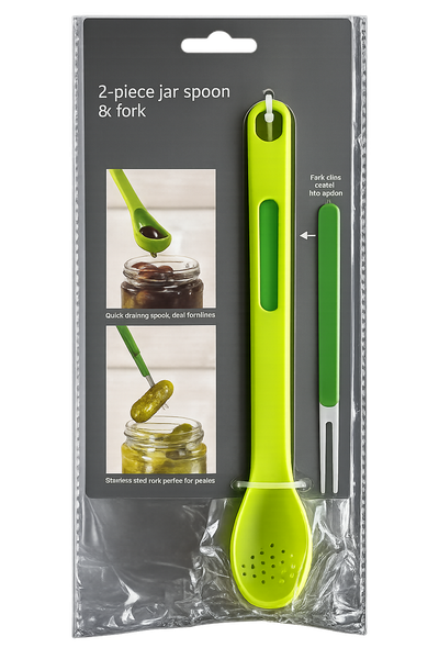 2-in-1 Jar Spoon &amp; Pickle Fork Set - Draining Scoop with Clip-In Design