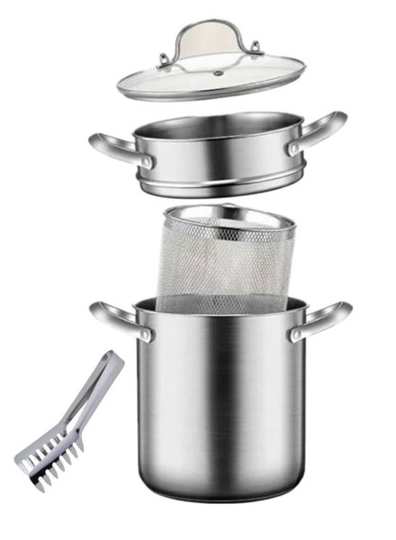 8L Stainless Steel Stock Pot with Veg Steamer, Pasta Strainer and Glass Lid