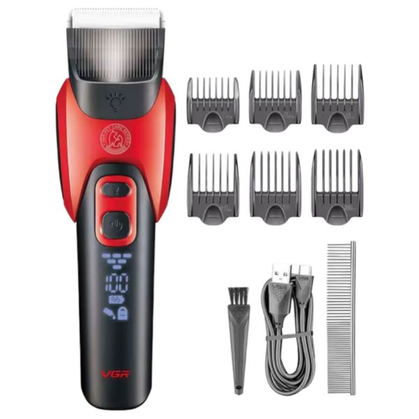 Red 6-Guard Pet Hair Trimmer | Cat &amp; Dog | LED Light &amp; Display | USB Charge