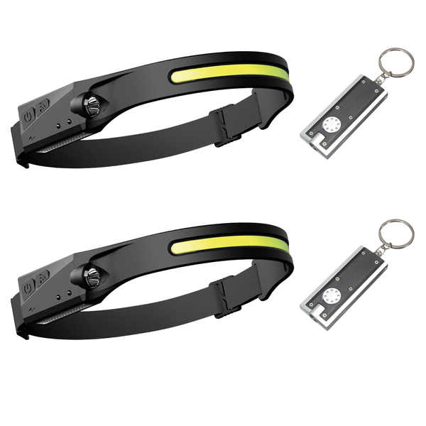 Multi-function LED Rechargeable Head Lamp &amp; Keyring Torch - 2 Pack
