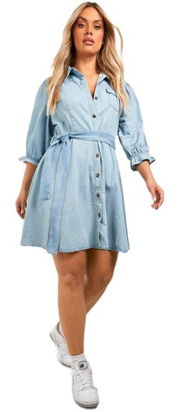 boohoo - Womens Plus Size Denim Pocket Tie Belt Skater Dress - Light Wash